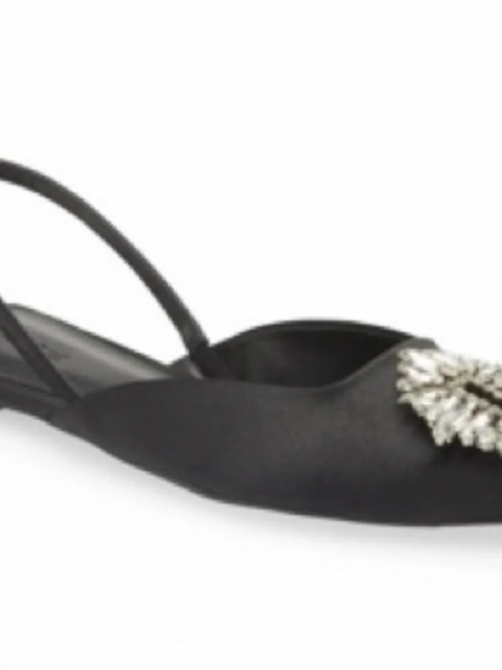Satin Black Slingback Flats with Crystal Brooch